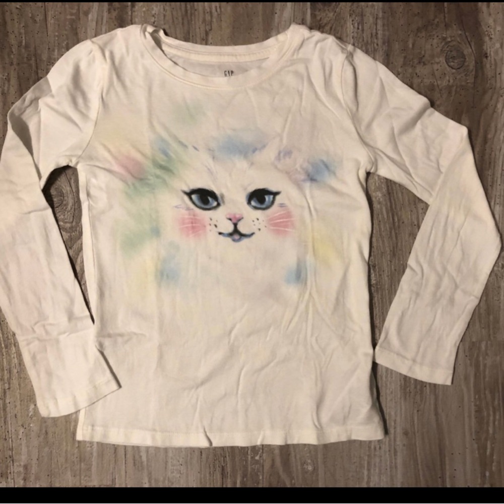 GAP White Long-Sleeve Tee with Pastel Multicolor Cat Face
